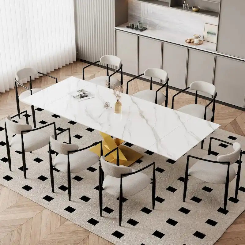 9-Piece Extendable Sintered Stone Dining Set with Steel X-Base and 8 Boucle Chairs 94 Inch