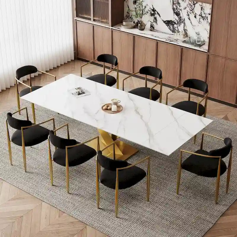 9-Piece Extendable Sintered Stone Dining Set with Steel X-Base and 8 Boucle Chairs 94 Inch