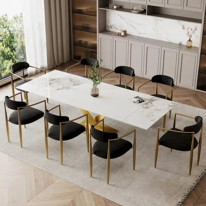 9-Piece Extendable Sintered Stone Dining Set with Steel X-Base and 8 Boucle Chairs 94 Inch