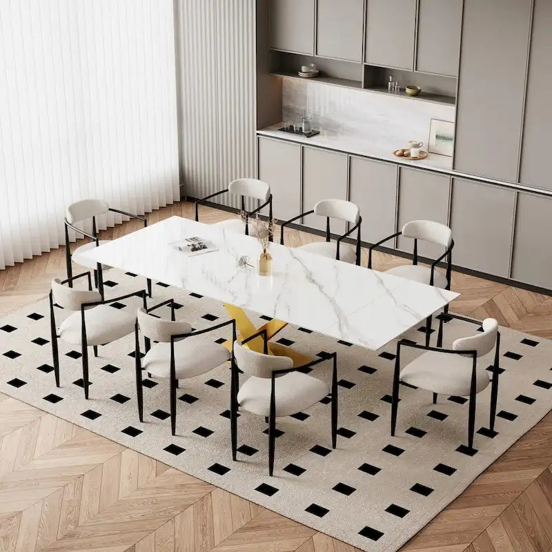 9-Piece Extendable Sintered Stone Dining Set with Steel X-Base and 8 Boucle Chairs 94 Inch