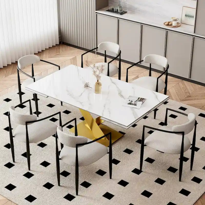 9-Piece Extendable Sintered Stone Dining Set with Steel X-Base and 8 Boucle Chairs 94 Inch