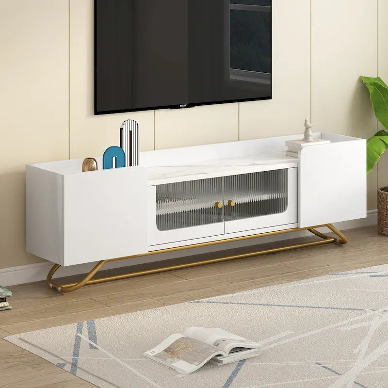 63 Inch TV Stand with Fluted Glass Doors Faux Marble Top and Gold Frame for 70 Inch TV