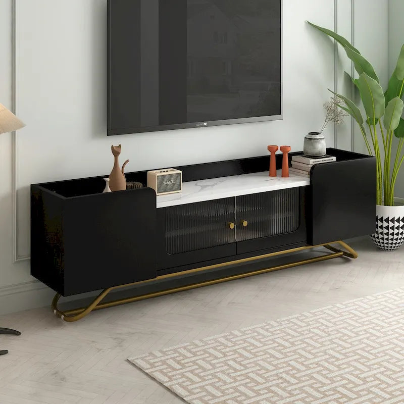 63 Inch TV Stand with Fluted Glass Doors Faux Marble Top and Gold Frame for 70 Inch TV