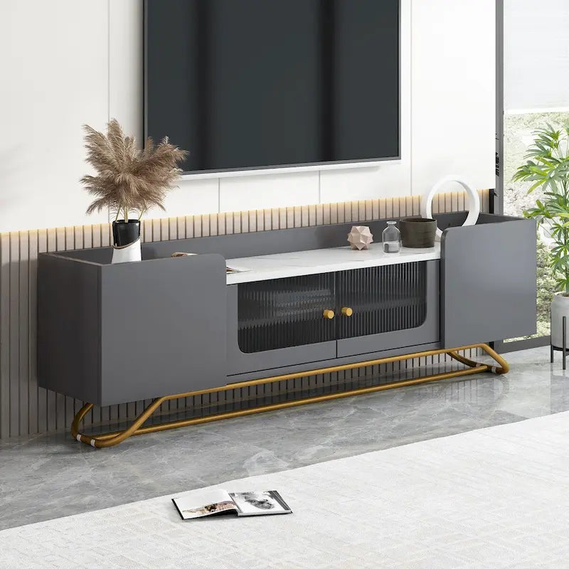 63 Inch TV Stand with Fluted Glass Doors Faux Marble Top and Gold Frame for 70 Inch TV