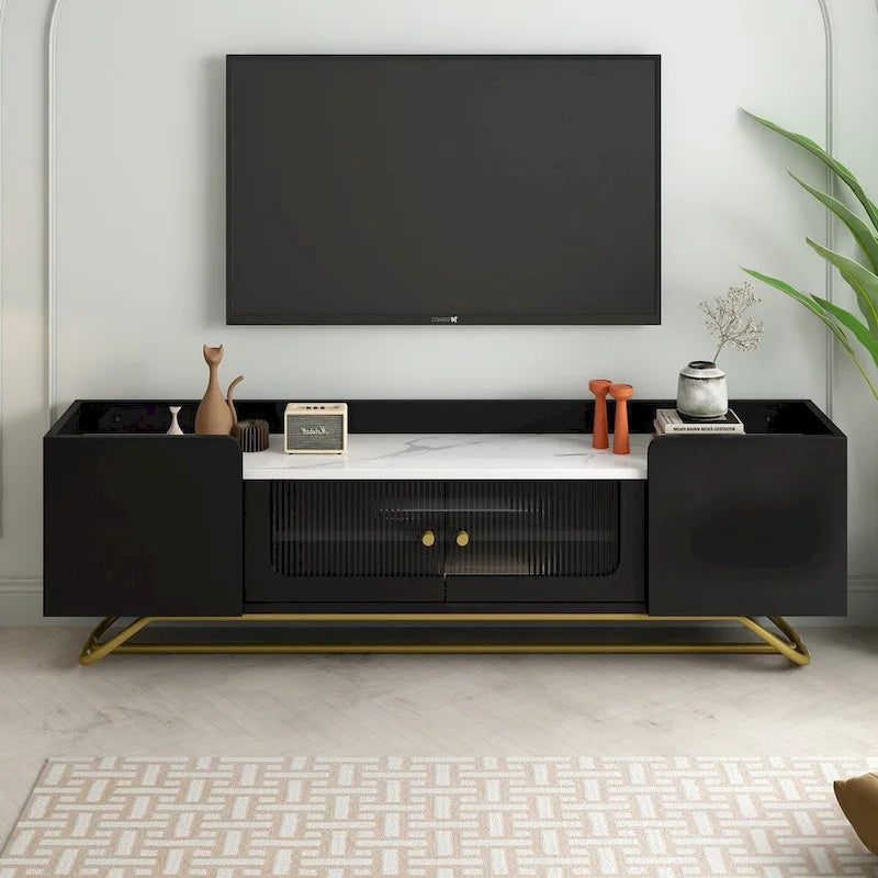 63 Inch TV Stand with Fluted Glass Doors Faux Marble Top and Gold Frame for 70 Inch TV
