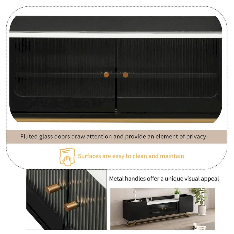 63 Inch TV Stand with Fluted Glass Doors Faux Marble Top and Gold Frame for 70 Inch TV