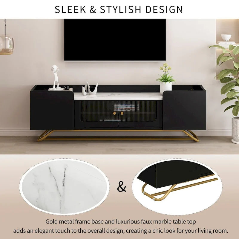 63 Inch TV Stand with Fluted Glass Doors Faux Marble Top and Gold Frame for 70 Inch TV