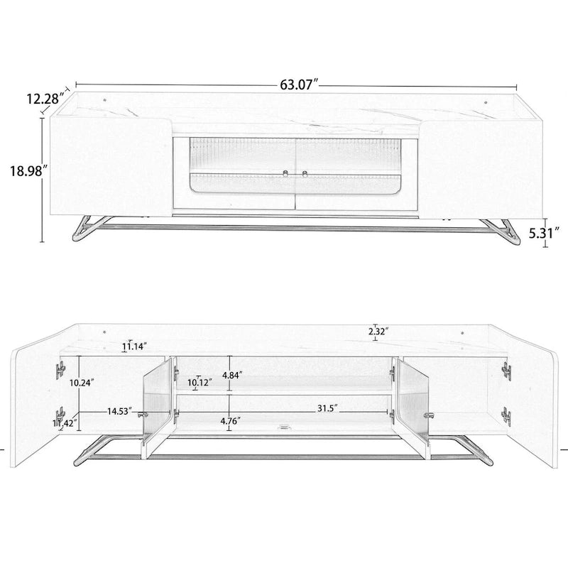 63 Inch TV Stand with Fluted Glass Doors Faux Marble Top and Gold Frame for 70 Inch TV