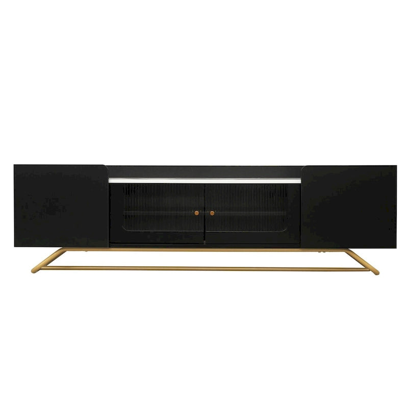 63 Inch TV Stand with Fluted Glass Doors Faux Marble Top and Gold Frame for 70 Inch TV