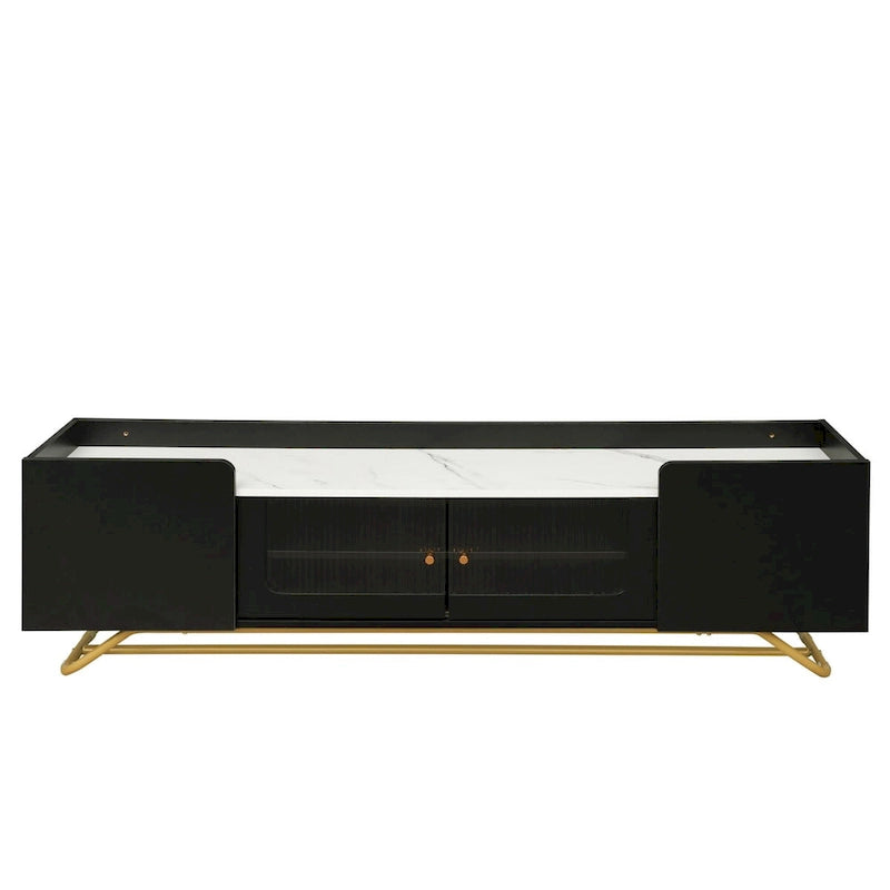 63 Inch TV Stand with Fluted Glass Doors Faux Marble Top and Gold Frame for 70 Inch TV