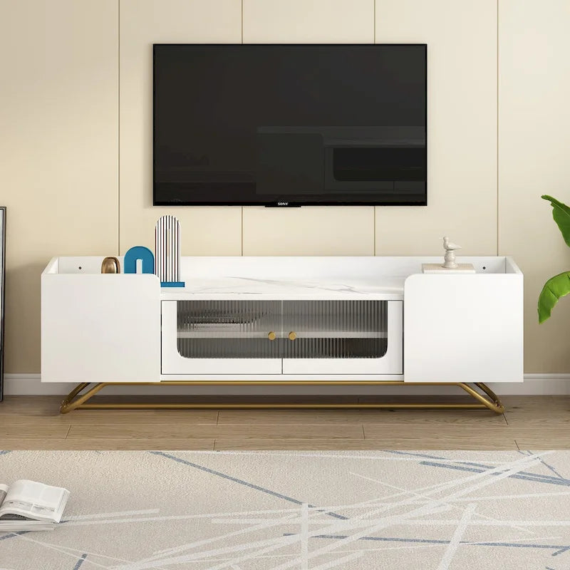 63 Inch TV Stand with Fluted Glass Doors Faux Marble Top and Gold Frame for 70 Inch TV