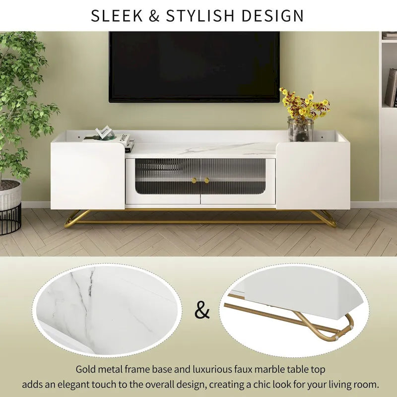 63 Inch TV Stand with Fluted Glass Doors Faux Marble Top and Gold Frame for 70 Inch TV
