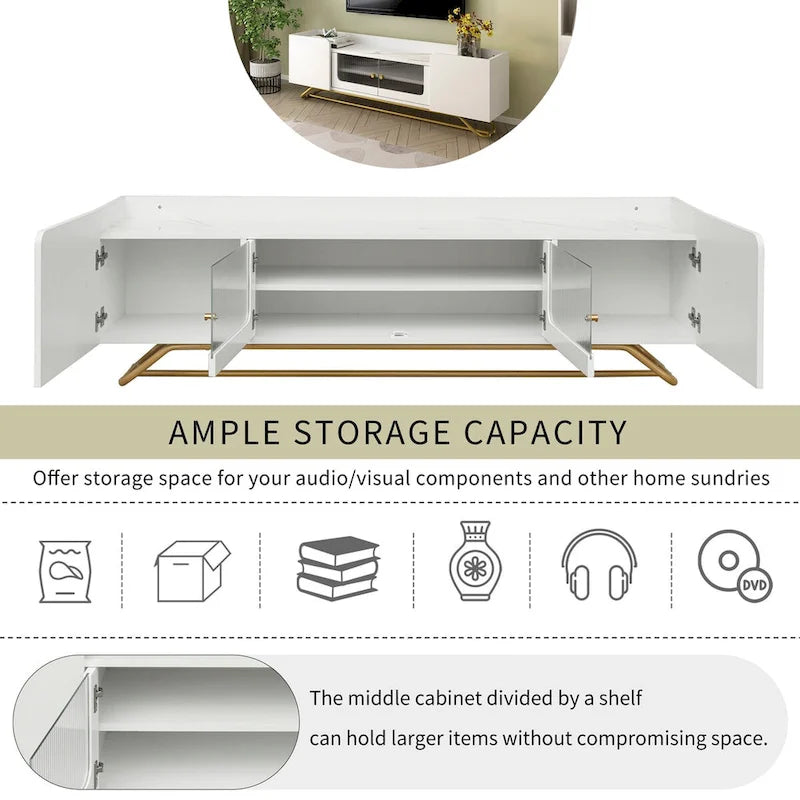 63 Inch TV Stand with Fluted Glass Doors Faux Marble Top and Gold Frame for 70 Inch TV