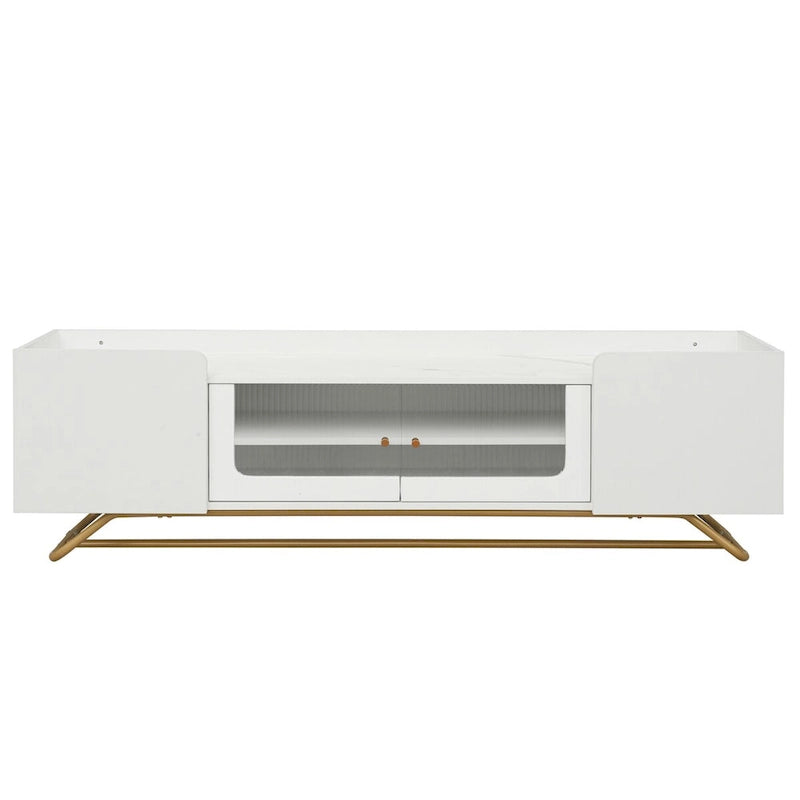 63 Inch TV Stand with Fluted Glass Doors Faux Marble Top and Gold Frame for 70 Inch TV