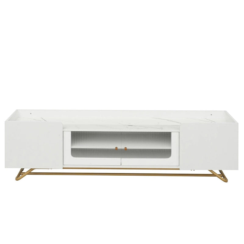 63 Inch TV Stand with Fluted Glass Doors Faux Marble Top and Gold Frame for 70 Inch TV