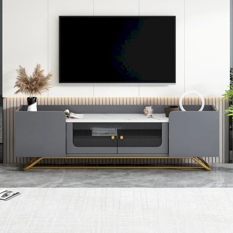 63 Inch TV Stand with Fluted Glass Doors Faux Marble Top and Gold Frame for 70 Inch TV