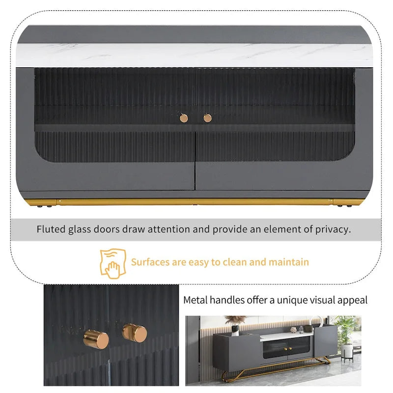 63 Inch TV Stand with Fluted Glass Doors Faux Marble Top and Gold Frame for 70 Inch TV