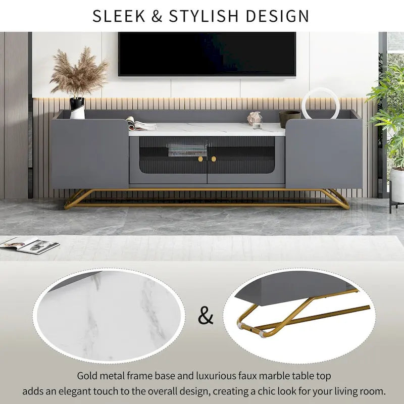 63 Inch TV Stand with Fluted Glass Doors Faux Marble Top and Gold Frame for 70 Inch TV