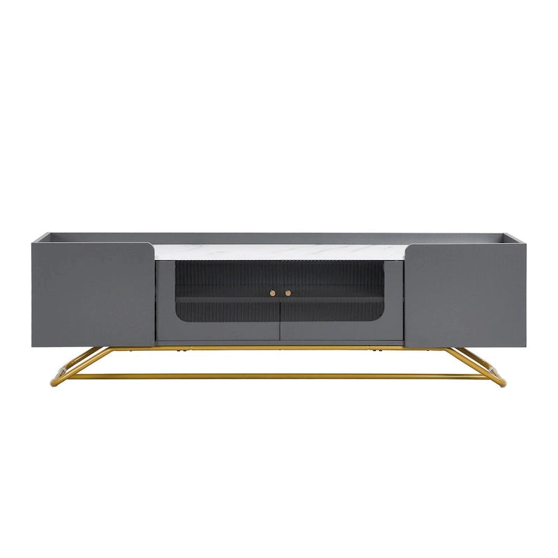 63 Inch TV Stand with Fluted Glass Doors Faux Marble Top and Gold Frame for 70 Inch TV