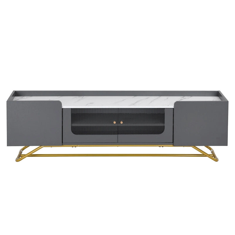 63 Inch TV Stand with Fluted Glass Doors Faux Marble Top and Gold Frame for 70 Inch TV