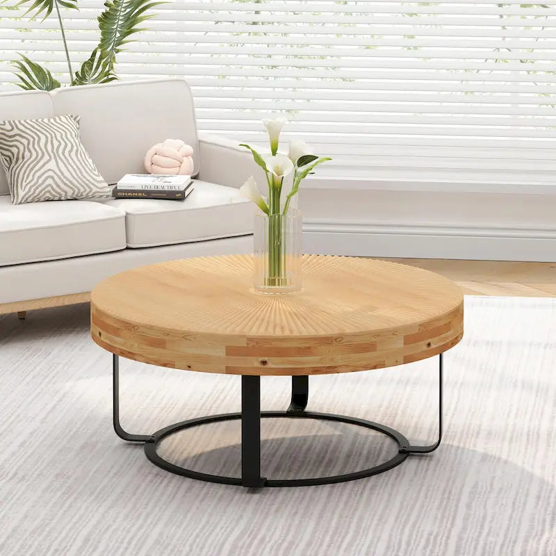 Round Solid Pine Wood Coffee Table with Metal Legs Carved Pattern