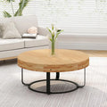 Round Solid Pine Wood Coffee Table with Metal Legs Carved Pattern