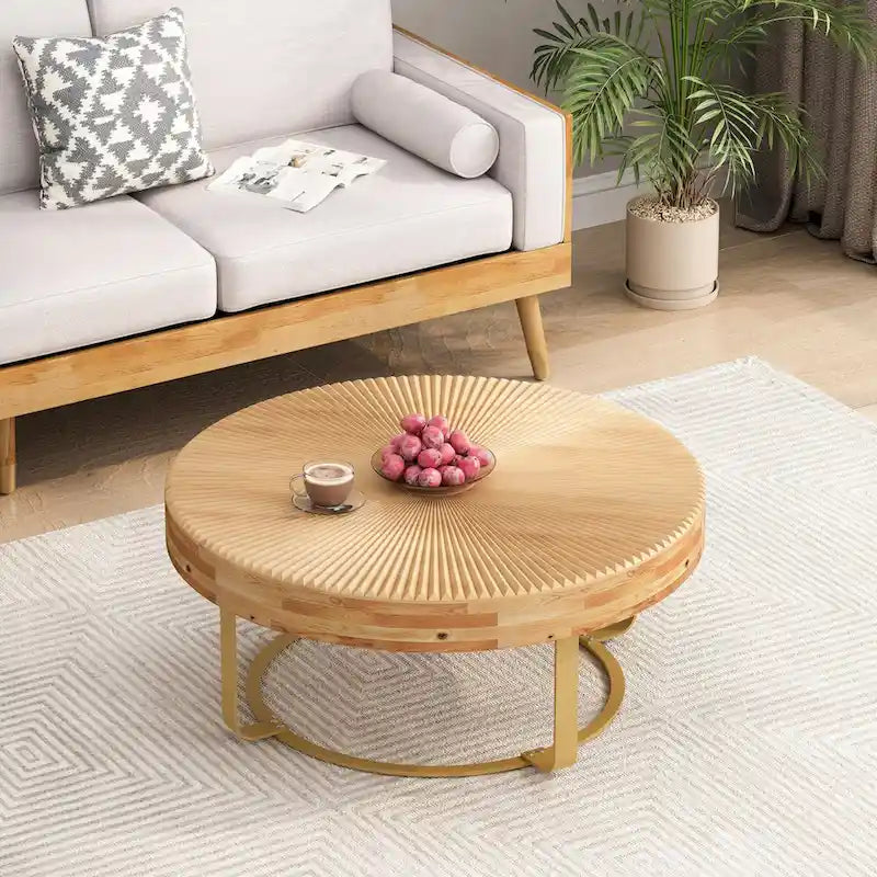 Round Solid Pine Wood Coffee Table with Metal Legs Carved Pattern