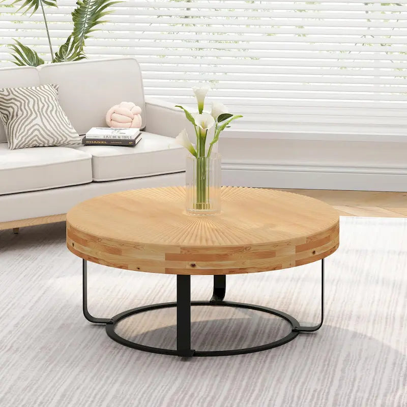 Round Solid Pine Wood Coffee Table with Metal Legs Carved Pattern