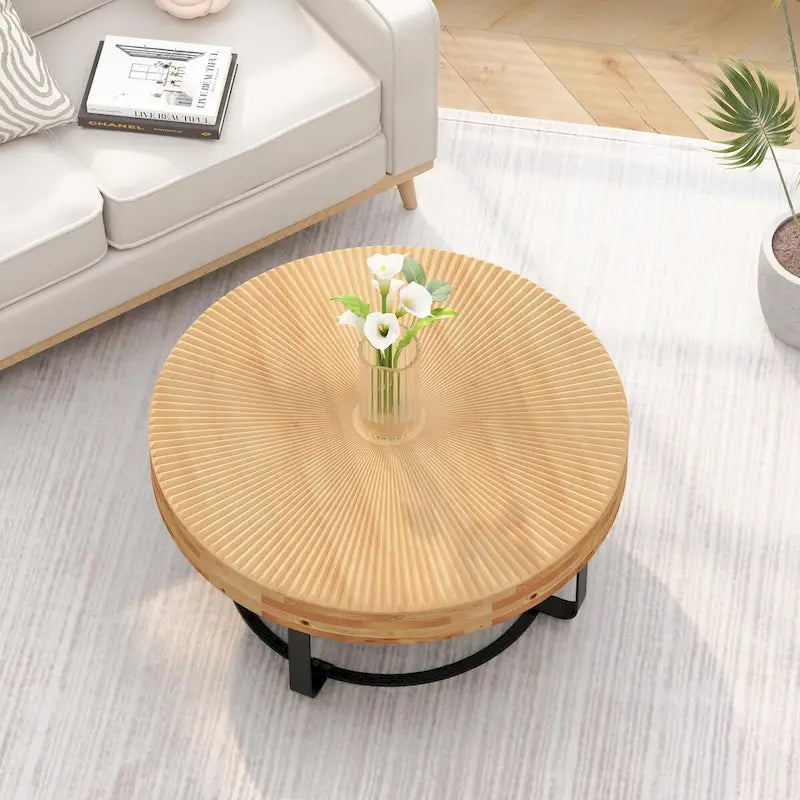 Round Solid Pine Wood Coffee Table with Metal Legs Carved Pattern