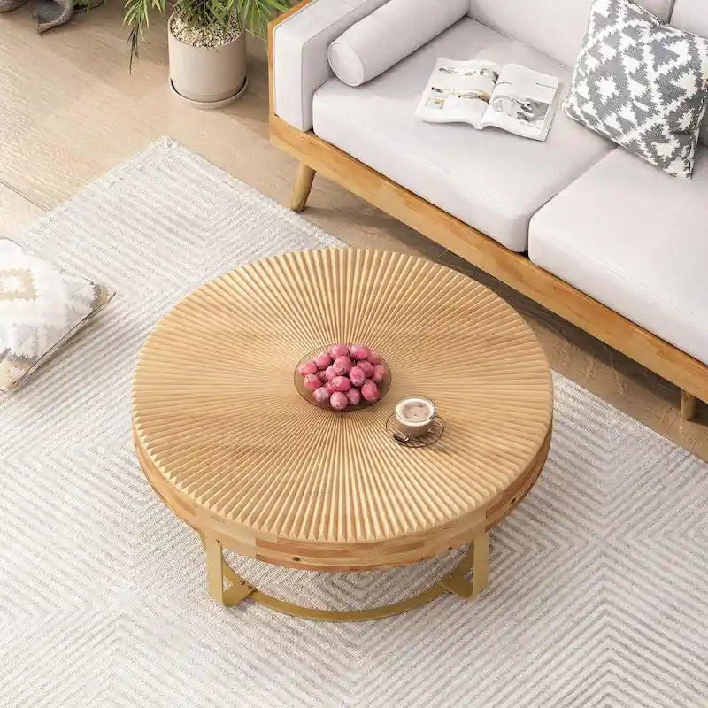 Round Solid Pine Wood Coffee Table with Metal Legs Carved Pattern