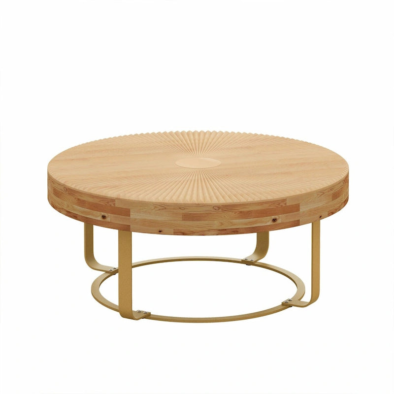 Round Solid Pine Wood Coffee Table with Metal Legs Carved Pattern