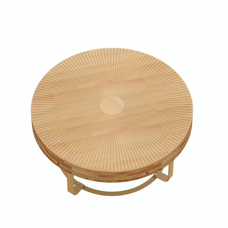 Round Solid Pine Wood Coffee Table with Metal Legs Carved Pattern