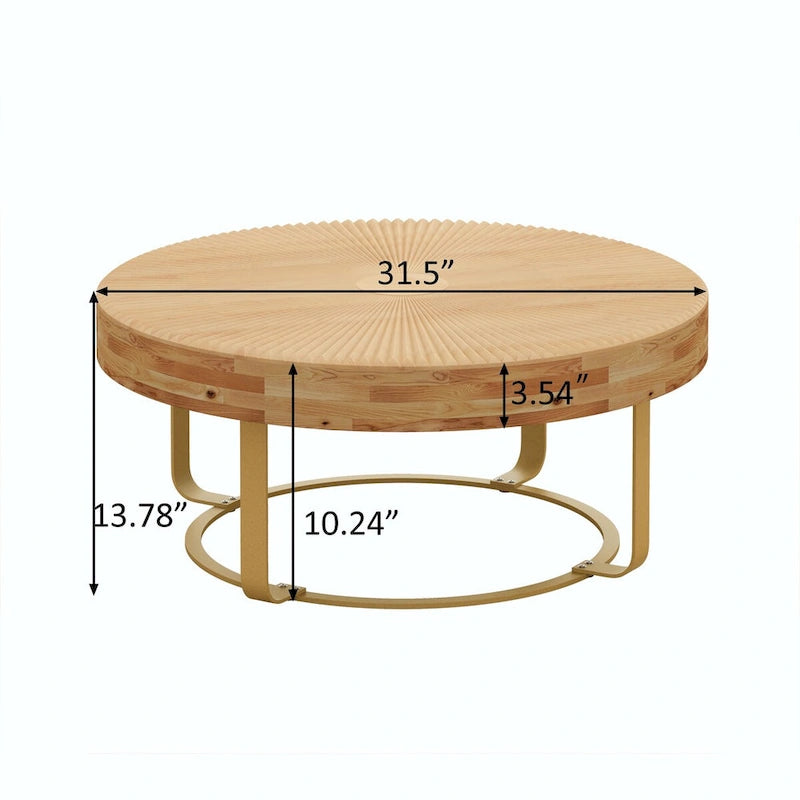 Round Solid Pine Wood Coffee Table with Metal Legs Carved Pattern