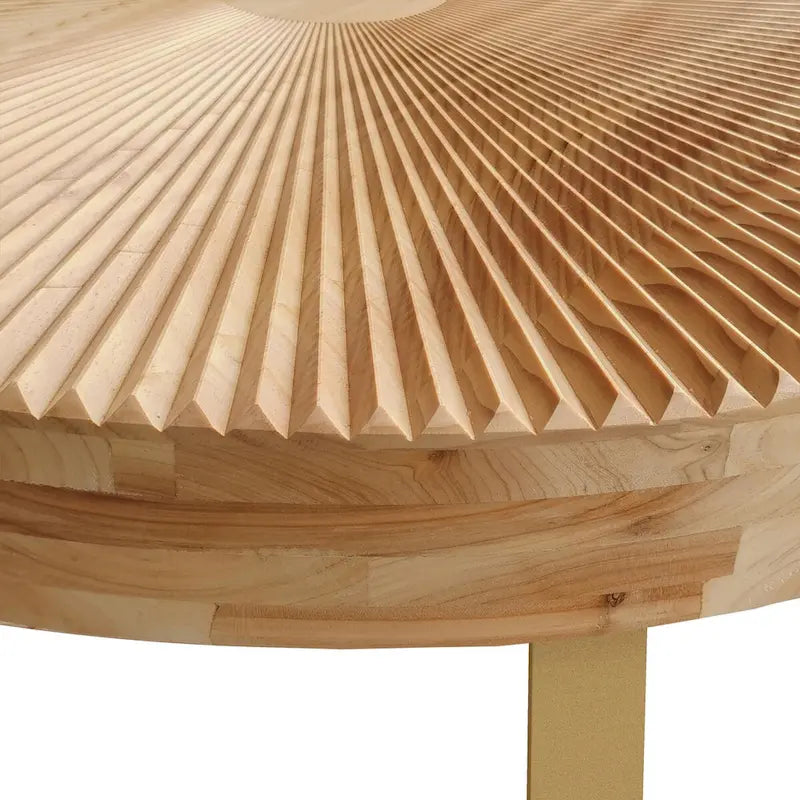 Round Solid Pine Wood Coffee Table with Metal Legs Carved Pattern