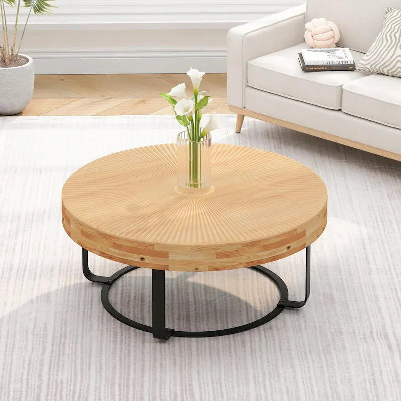 Round Solid Pine Wood Coffee Table with Metal Legs Carved Pattern