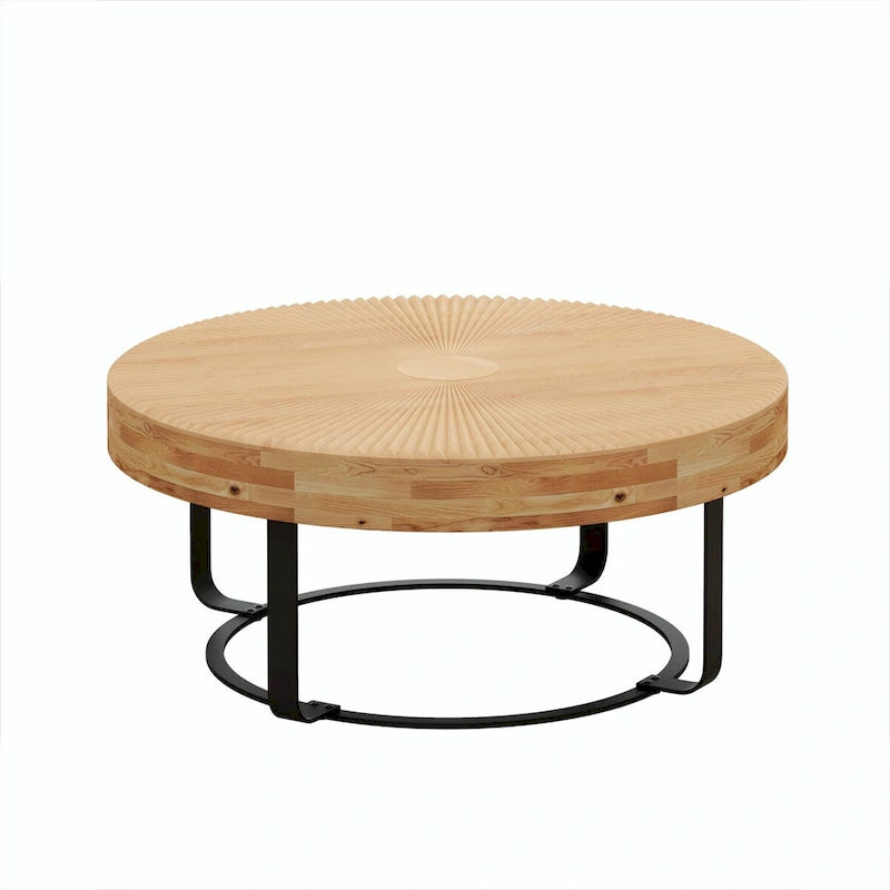Round Solid Pine Wood Coffee Table with Metal Legs Carved Pattern