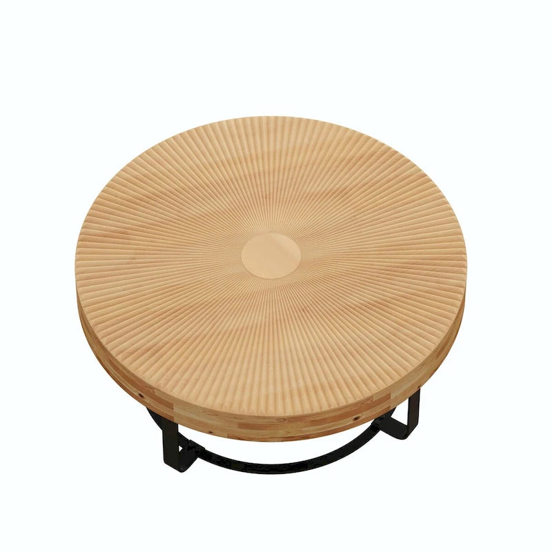 Round Solid Pine Wood Coffee Table with Metal Legs Carved Pattern