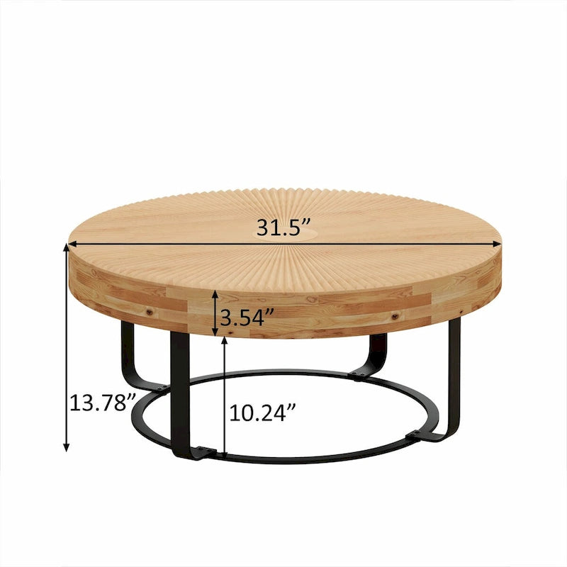 Round Solid Pine Wood Coffee Table with Metal Legs Carved Pattern