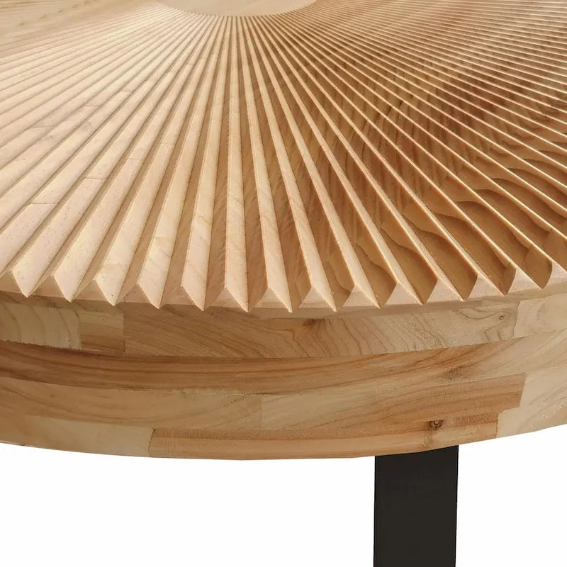Round Solid Pine Wood Coffee Table with Metal Legs Carved Pattern