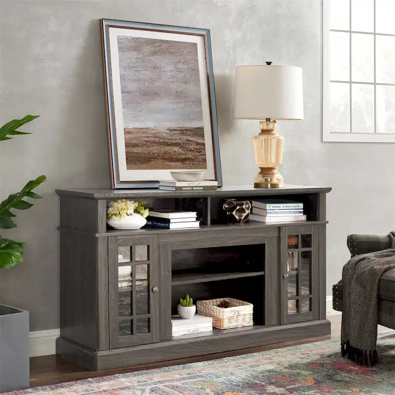 58 Inch Dark Walnut TV Stand with Glass Doors and Cable Management for 65 Inch TV