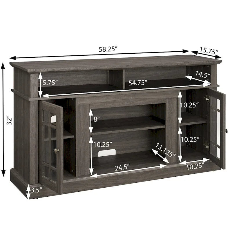 58 Inch Dark Walnut TV Stand with Glass Doors and Cable Management for 65 Inch TV