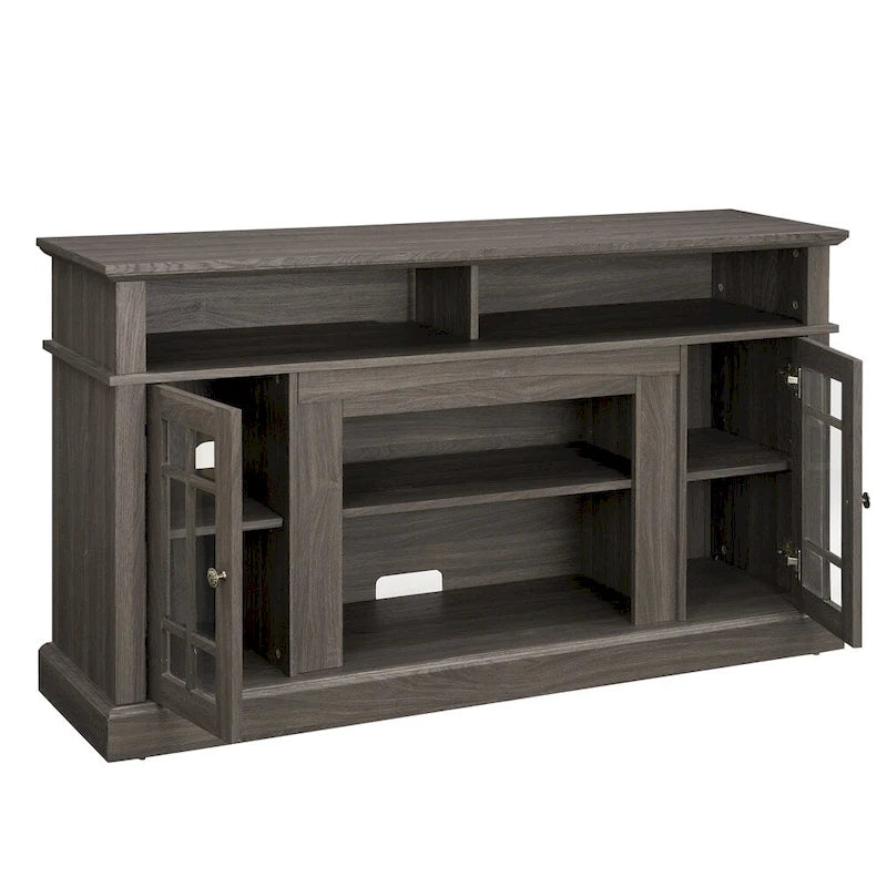 58 Inch Dark Walnut TV Stand with Glass Doors and Cable Management for 65 Inch TV