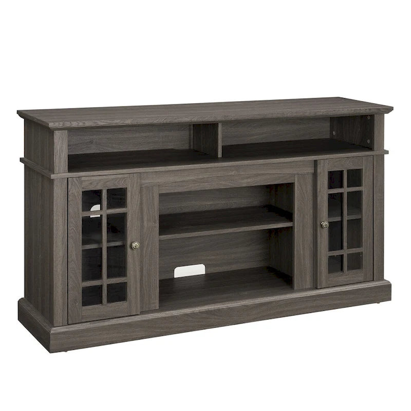 58 Inch Dark Walnut TV Stand with Glass Doors and Cable Management for 65 Inch TV