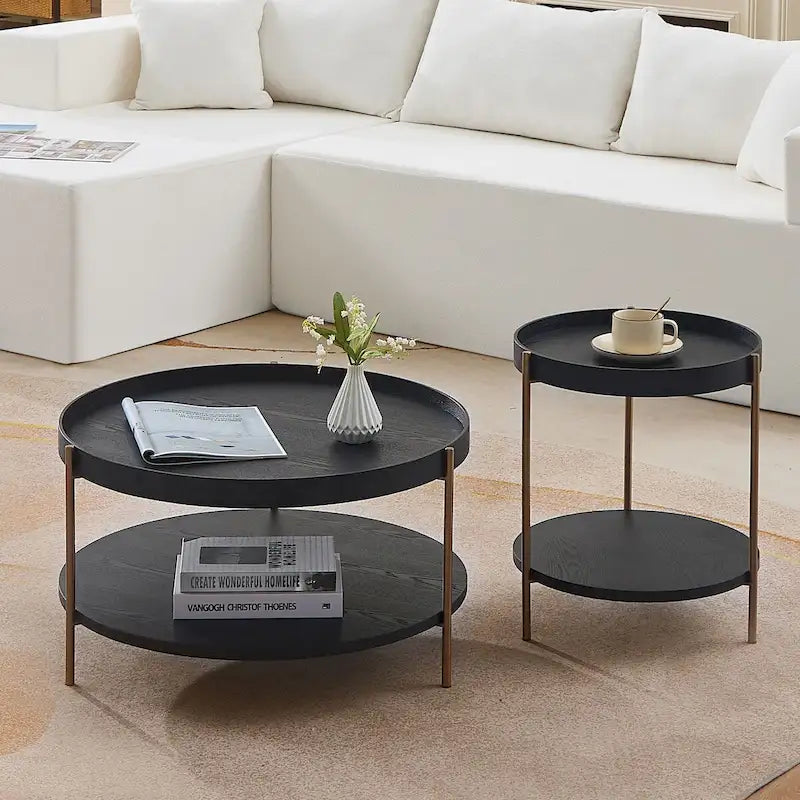 2-Tier Round Nesting Coffee Table Set of 2 in Matte Black MDF
