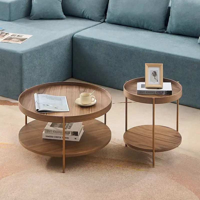 2-Tier Round Nesting Coffee Table Set of 2 in Matte Black MDF