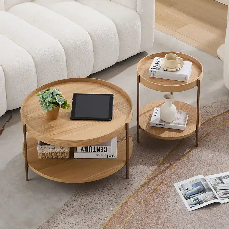 2-Tier Round Nesting Coffee Table Set of 2 in Matte Black MDF