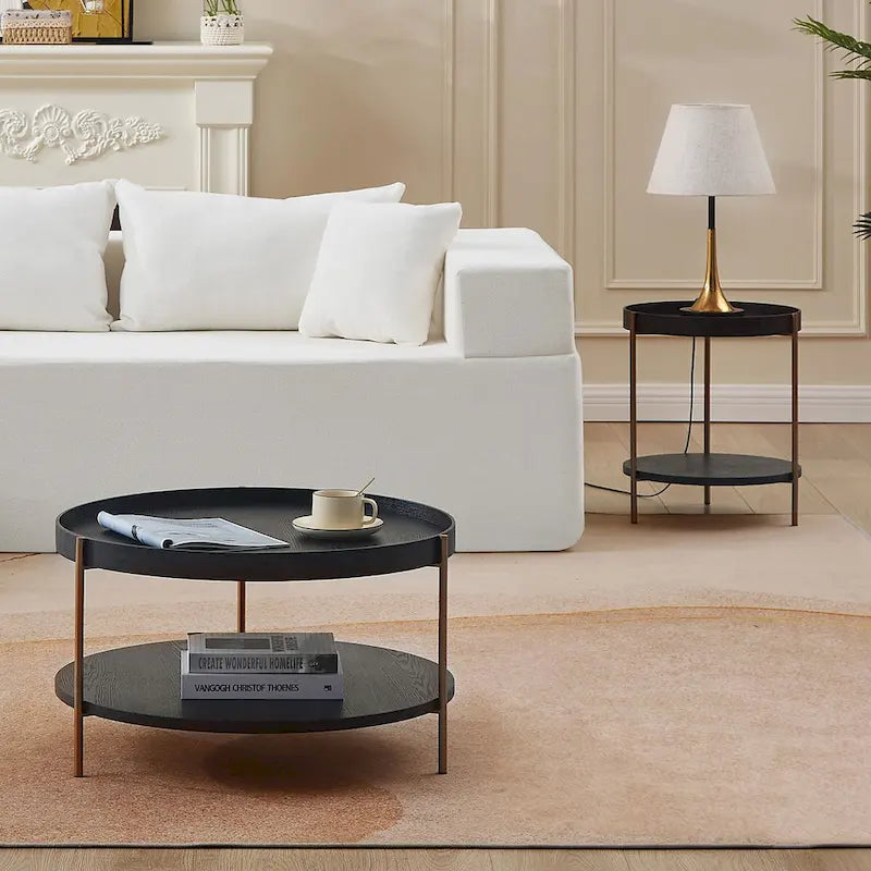 2-Tier Round Nesting Coffee Table Set of 2 in Matte Black MDF