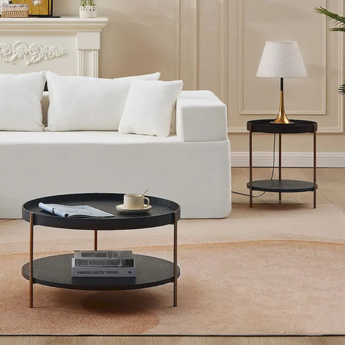 2-Tier Round Nesting Coffee Table Set of 2 in Matte Black MDF