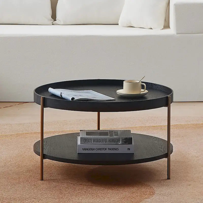 2-Tier Round Nesting Coffee Table Set of 2 in Matte Black MDF