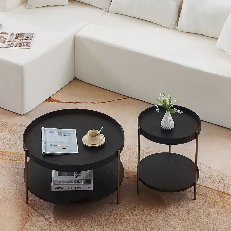 2-Tier Round Nesting Coffee Table Set of 2 in Matte Black MDF